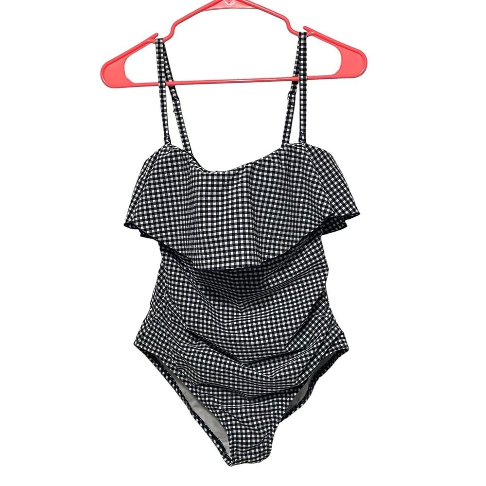 Kona Sol Swimsuit Women's Medium Blue Plaid One Piece High Coverage Ruched Sides